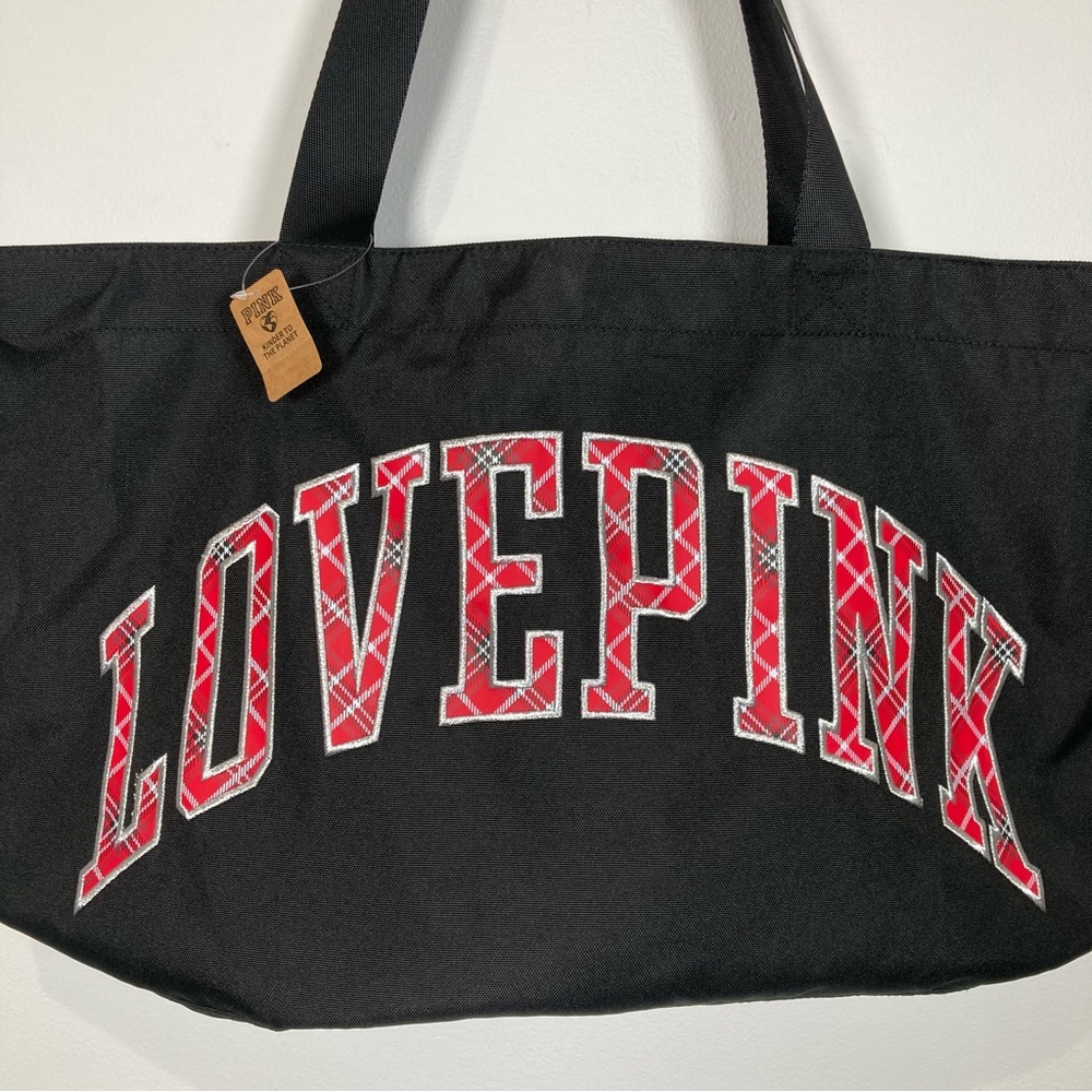 PINK Victoria’s Secret Medium Weekender Tote Bag Plaid Black NEW - Picture 3 of 9